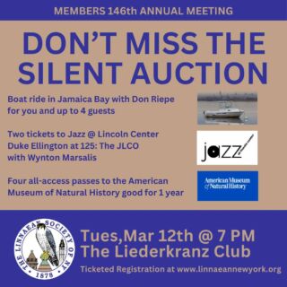 Don’t miss the 146th Annual Members Only Meeting of the Linnaean Society of New York on Tuesday, March 12, 2024, at the Liederkranz Club at 6 East 87 St. Ticket sales end this Friday, March 8th!⁠
⁠
Ticketed participants will be treated to a cocktail reception with a silent auction and a raffle from 6 to 7:30 p.m. The general meeting starts at 7:30 p.m., and all members are welcome to attend. All attendees must register via the link on the website. ⁠
⁠
The evening features Dr. George Archibald, the 2024 Eisenmann medalist, who will present a lecture entitled “Cranes: Ambassadors for Wetlands, Grasslands and Goodwill Worldwide.”